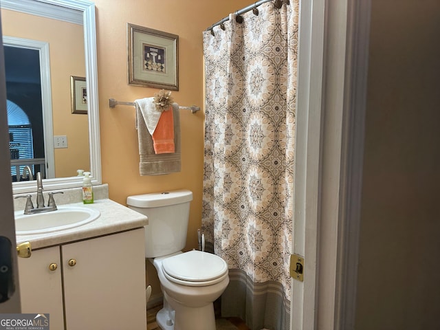 bathroom with vanity, toilet, and walk in shower