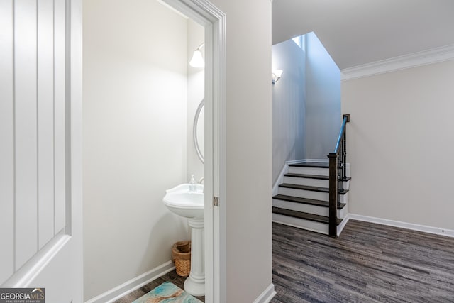 bathroom featuring crown molding and wood-type flooring