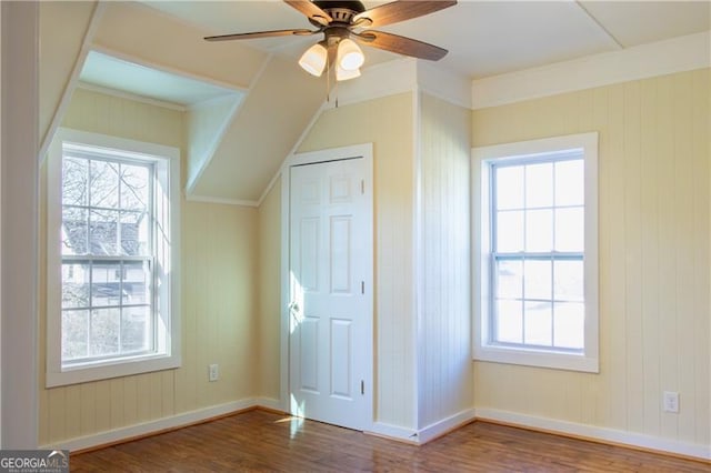 additional living space with ceiling fan, a healthy amount of sunlight, and hardwood / wood-style flooring