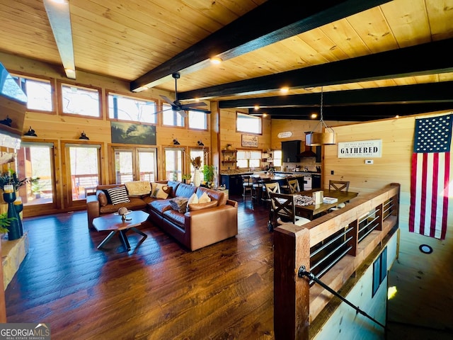 living room featuring beam ceiling, ceiling fan, dark hardwood / wood-style flooring, wooden walls, and wood ceiling