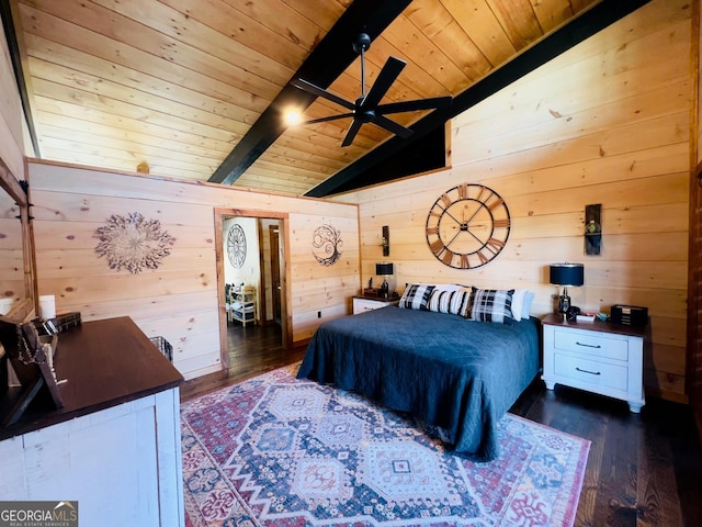 bedroom with dark hardwood / wood-style flooring, lofted ceiling with beams, wood walls, and wood ceiling