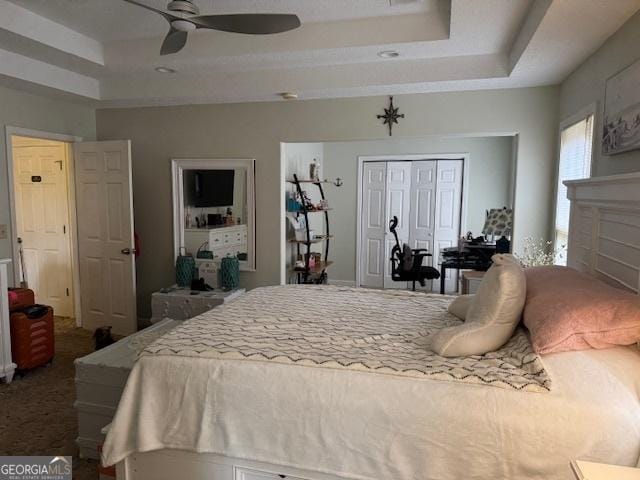 bedroom featuring a tray ceiling, ceiling fan, and a closet