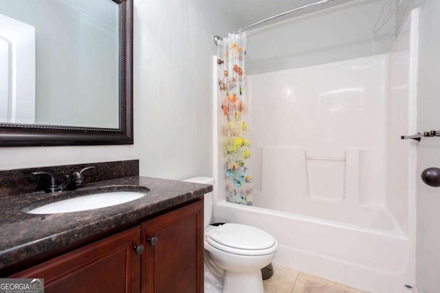 full bathroom featuring tile patterned flooring, vanity, toilet, and shower / tub combo with curtain