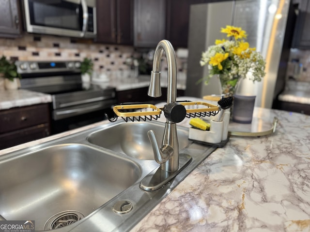 details featuring dark brown cabinets, sink, stainless steel appliances, and tasteful backsplash