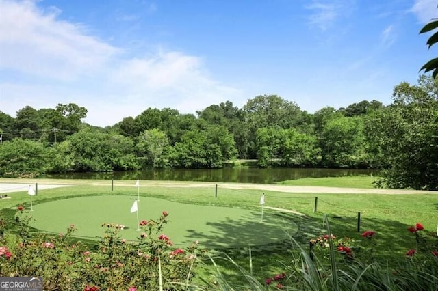 view of property's community with a water view and a lawn