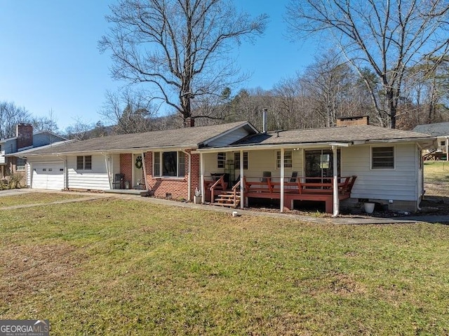 single story home with a front yard, a porch, and a garage