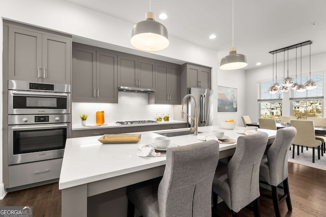 kitchen with sink, appliances with stainless steel finishes, gray cabinets, and an island with sink