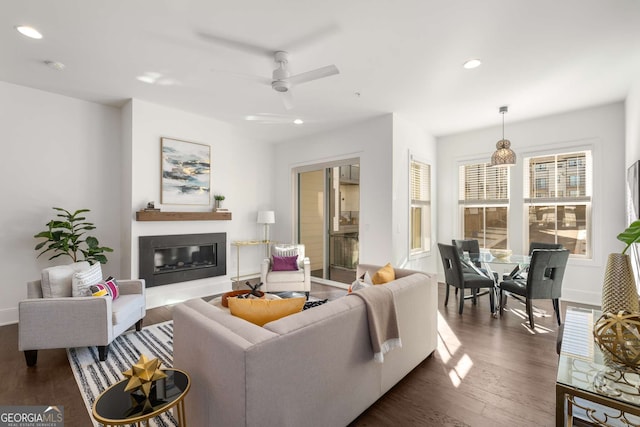 living room featuring ceiling fan and dark hardwood / wood-style floors