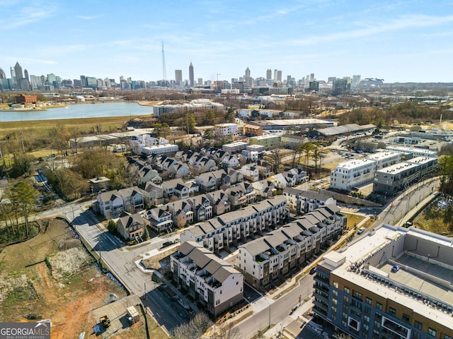 drone / aerial view featuring a water view