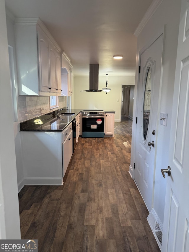 kitchen featuring stainless steel range with electric stovetop, kitchen peninsula, dark hardwood / wood-style floors, island range hood, and white cabinetry