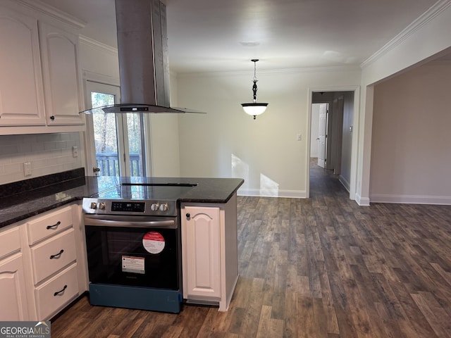 kitchen with backsplash, stainless steel range with electric stovetop, island range hood, crown molding, and white cabinetry