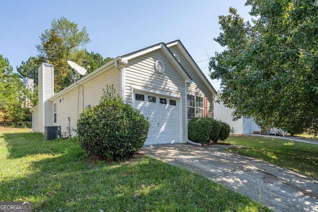 view of home's exterior with a lawn and central AC unit