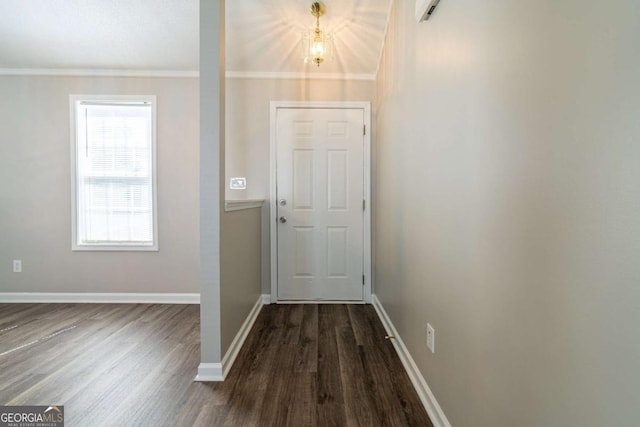 entryway featuring a notable chandelier, dark hardwood / wood-style floors, and ornamental molding