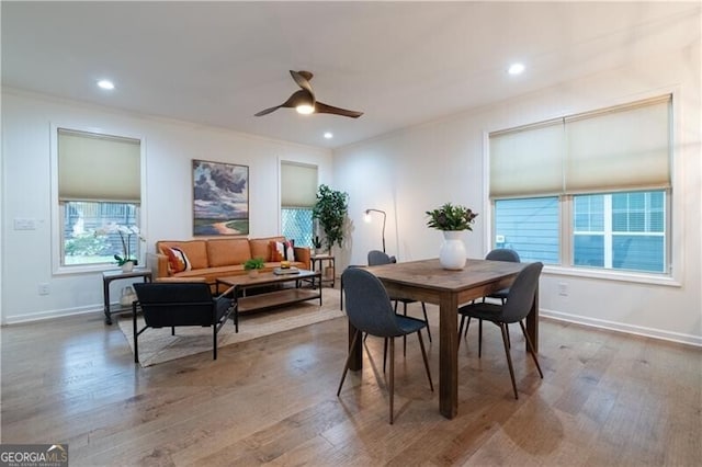 dining room featuring hardwood / wood-style floors, plenty of natural light, and ceiling fan