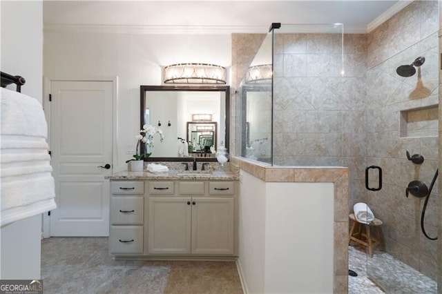 bathroom with crown molding, a shower with door, and vanity