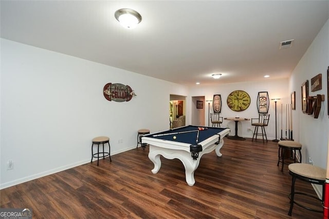 playroom featuring dark hardwood / wood-style flooring and billiards