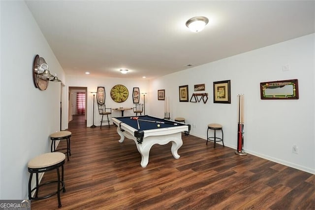 recreation room with dark hardwood / wood-style flooring and billiards