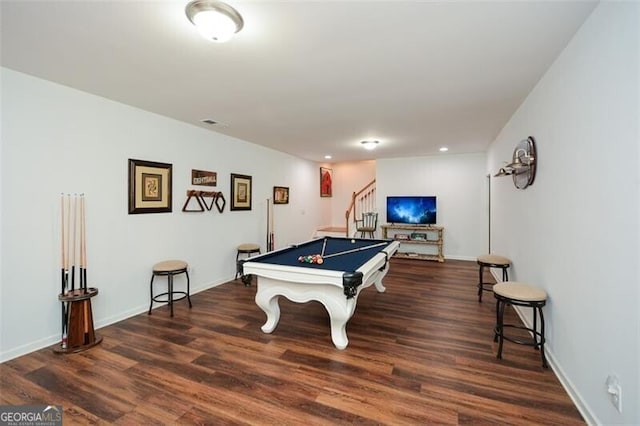 playroom with dark wood-type flooring and billiards