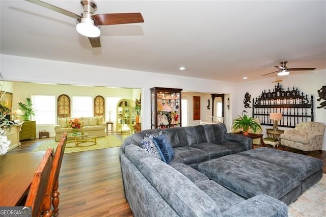 living room featuring ceiling fan and wood-type flooring