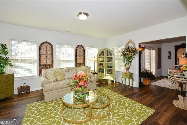 living room featuring a wealth of natural light and dark wood-type flooring