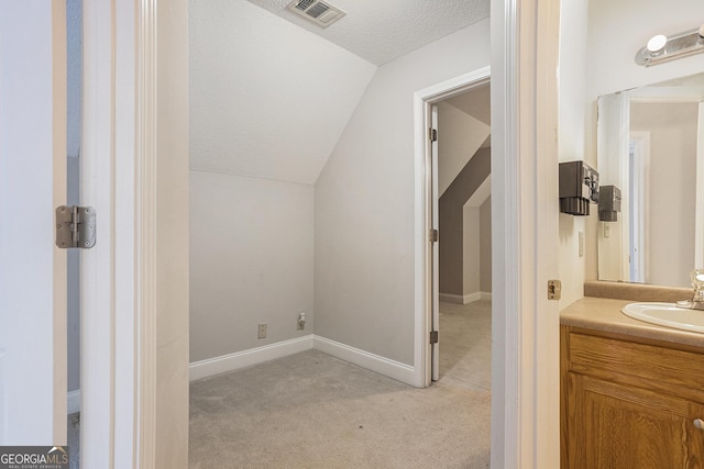 bathroom featuring vanity, lofted ceiling, and a textured ceiling