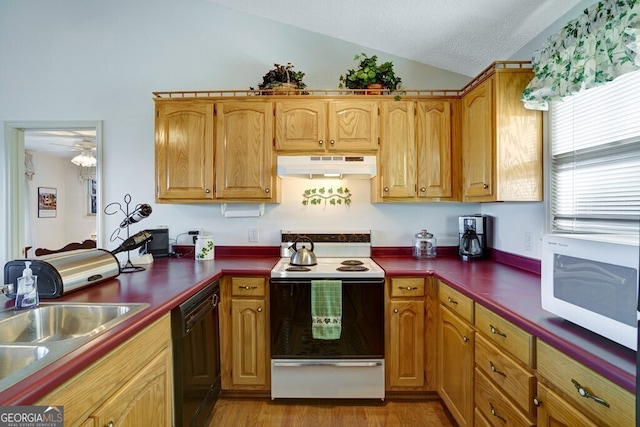 kitchen featuring light wood-type flooring, a textured ceiling, vaulted ceiling, electric stove, and black dishwasher