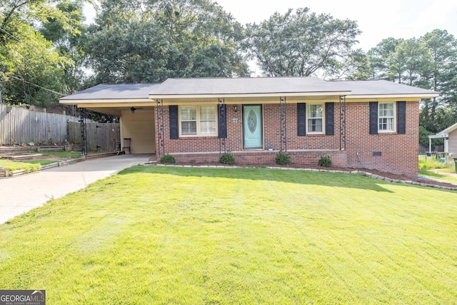 single story home with a front lawn, a porch, and a carport