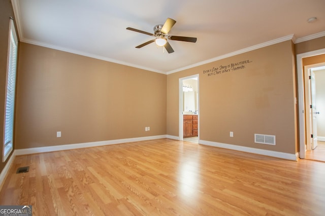 unfurnished room with ceiling fan, light hardwood / wood-style floors, and ornamental molding