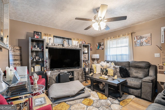 living room featuring wood-type flooring, a textured ceiling, and ceiling fan