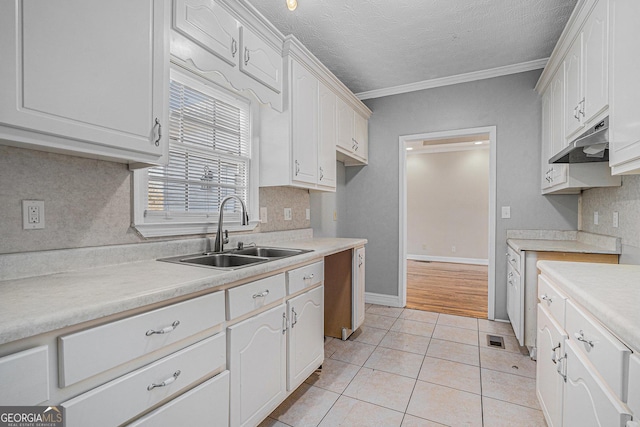 kitchen with under cabinet range hood, light tile patterned floors, decorative backsplash, and a sink