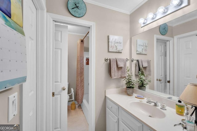 bathroom featuring tile patterned floors, vanity, shower / bath combo, and crown molding