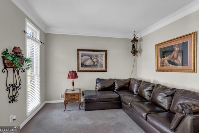 carpeted living room with crown molding