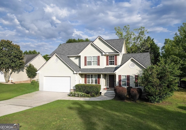 view of property featuring a garage and a front yard