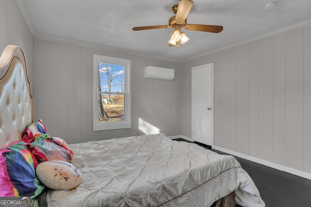 bedroom featuring crown molding, ceiling fan, and a wall unit AC