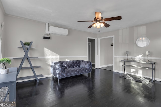 living area with ceiling fan, ornamental molding, dark hardwood / wood-style flooring, and a wall mounted AC