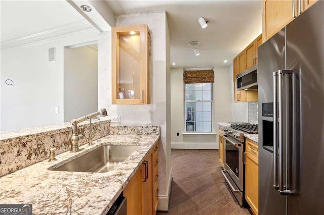 kitchen featuring high quality appliances, dark wood-type flooring, sink, crown molding, and light stone counters