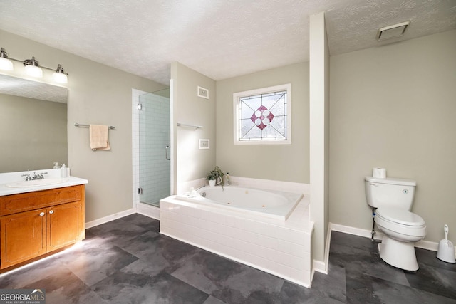 full bathroom featuring a textured ceiling, vanity, toilet, and separate shower and tub