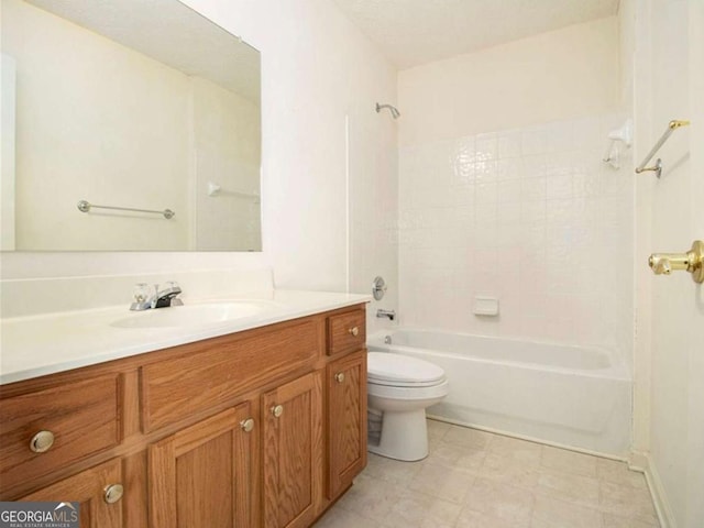 full bathroom with bathing tub / shower combination, vanity, and toilet