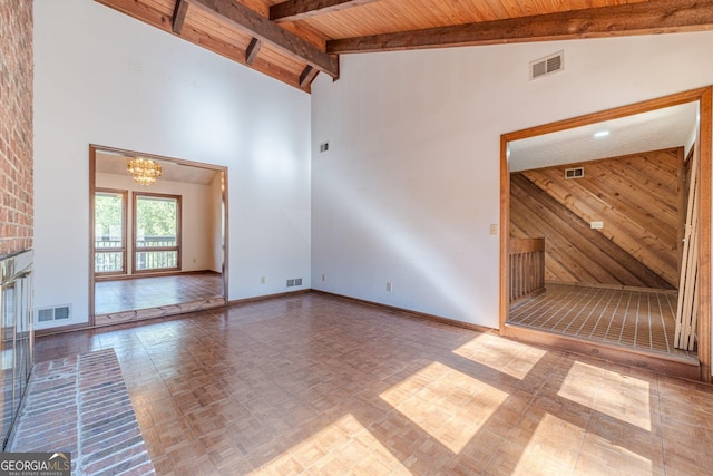 unfurnished living room featuring wood ceiling, wooden walls, a notable chandelier, high vaulted ceiling, and beam ceiling