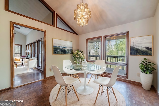 dining space with a notable chandelier, vaulted ceiling, and dark parquet flooring