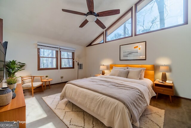 carpeted bedroom featuring ceiling fan and high vaulted ceiling