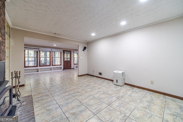 interior space with crown molding, light tile patterned floors, and a textured ceiling