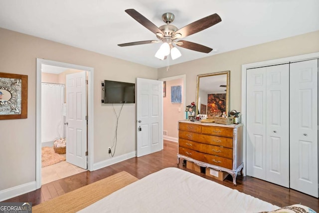 bedroom featuring hardwood / wood-style floors, ceiling fan, and a closet