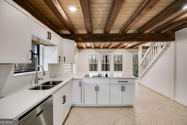 kitchen with white cabinetry, dishwasher, sink, beamed ceiling, and black electric stovetop