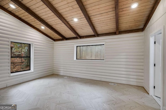 unfurnished room with lofted ceiling with beams, light parquet floors, and wooden ceiling