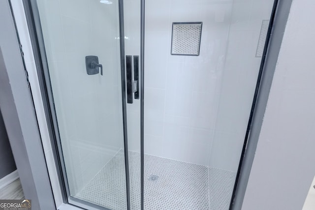 details with a shower with door