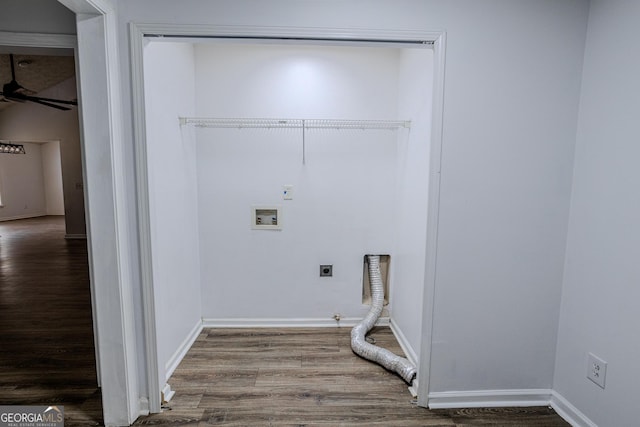 washroom with hardwood / wood-style flooring, electric dryer hookup, ceiling fan, and washer hookup