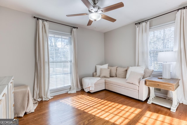 living room with ceiling fan and light wood-type flooring