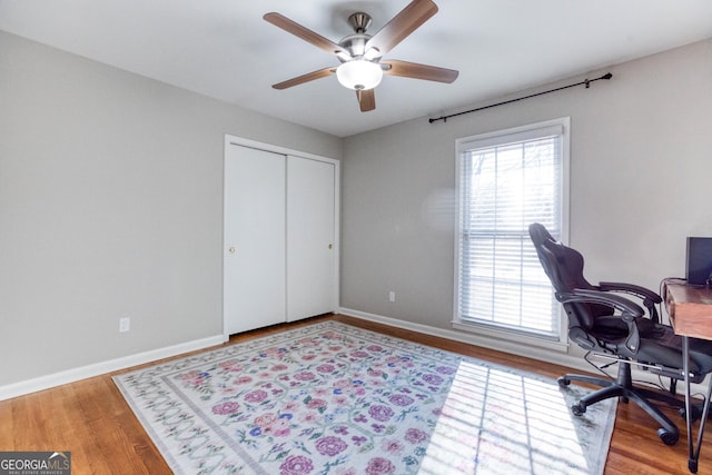 home office with ceiling fan and light hardwood / wood-style floors