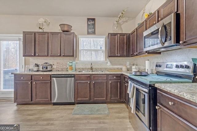 kitchen with light stone countertops, appliances with stainless steel finishes, dark brown cabinets, sink, and light hardwood / wood-style floors